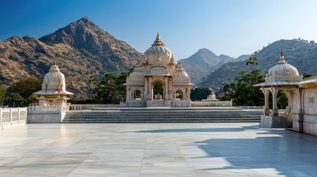 Peaceful Jain pilgrimage site under a clear sky, no people, ample copy space availableの素材