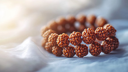 Sacred Rudraksha beads with space for text on a soft background. Symbol of devotion.の素材