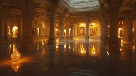 Serene Jain temple interior with soft lighting and glowing lamps, no people, tranquil atmosphere, copy spaceの素材