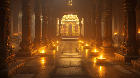 Serene Jain temple interior with soft lighting and glowing lamps, no people, tranquil atmosphere, copy spaceの素材