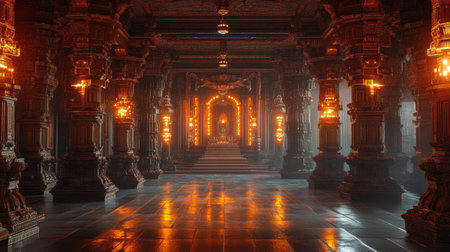 Serene Jain temple interior with glowing lamps, no people, tranquil atmosphere, ample space for textの素材