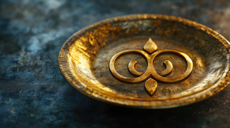 Sacred Jain symbol of Om embossed on a golden plate, no people, dark background, space for textの素材