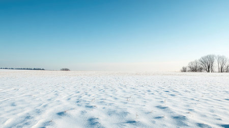 A snow-covered field under a clear blue sky, leaving plenty of space for textの素材