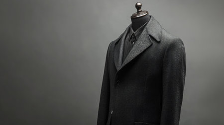 Sleek European long coat, beautifully draped on a mannequin, ample copy space with a neutral background.の素材