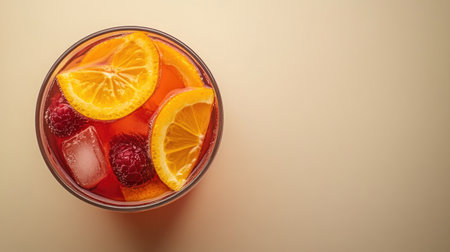 Top view of a Spanish glass of sangria with fruit slices, with ample copy space on a neutral background.の素材