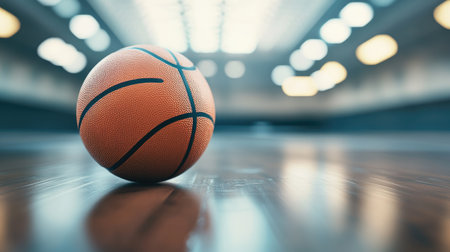 Detailed shot of a basketball on a gym floor, close-up, with empty background for copyの素材