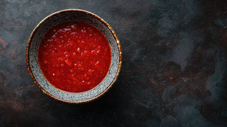 Top view of a bowl of red chile sauce, rich color, room for copyの素材