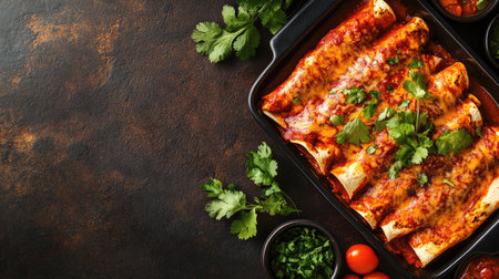 Overhead shot of enchiladas smothered in sauce, garnished with cilantro, space for textの素材