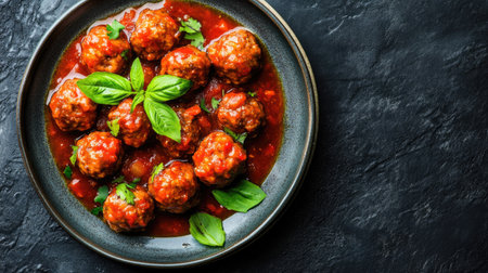 Top view of a plate of albondigas, Mexican meatballs in sauce, ample space for copyの素材