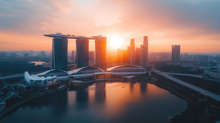 Aerial view of Singapore's Marina Bay Sands with the futuristic skyline. No people, copy space.の素材