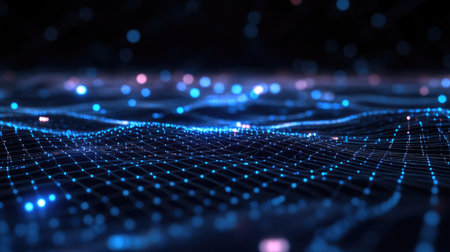 Abstract digital world with glowing network lines, no people, space for textの素材