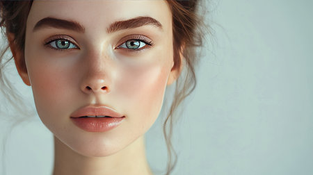 Closeup of a young woman with glowing skin, serene expression, ample space for textの素材