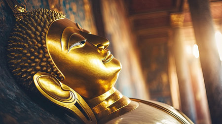 Golden reclining Buddha statue at Wat Pho, Bangkok, Thailand. No people, copy space.の素材
