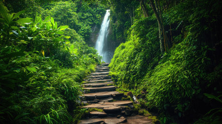 Lush green jungle path leading to a hidden waterfall in Bali, Indonesia. No people, copy space.の素材