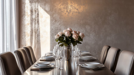 Elegant, metallic wallpaper with a soft sheen, adding a touch of luxury to a sophisticated dining room.の素材