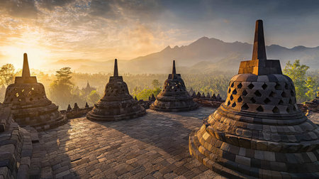 Historic ruins of Borobudur temple in Central Java, Indonesia, at sunrise. No people, copy space.の素材