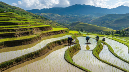 Traditional rice paddies with farmers working in the fields in Vietnam. No people, copy space.の素材