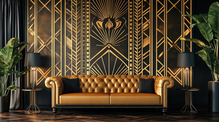 Elegant art deco wallpaper with geometric patterns in gold and black, creating a luxurious, vintage feel.の素材