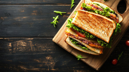 Top view of a delicious sandwich on a wooden board with copy spaceの素材