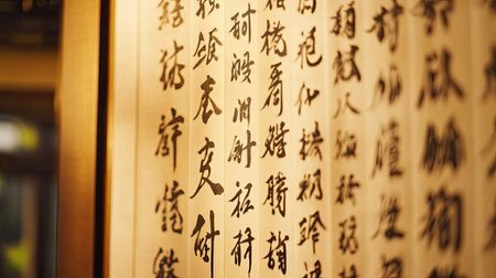 A close-up of a Chinese calligraphy scroll hanging on a wall. No people, copy space.の素材