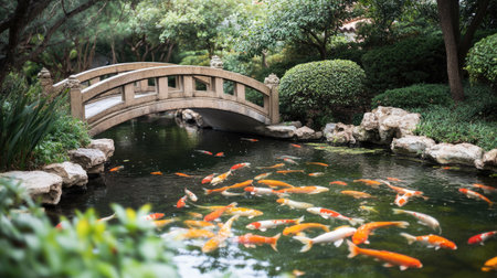 A serene Chinese garden with a stone bridge over a pond filled with koi fish. No people, copy space.の素材