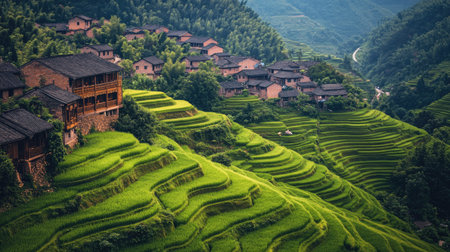 A serene view of a Chinese village nestled in terraced rice fields. No people, copy space.の素材