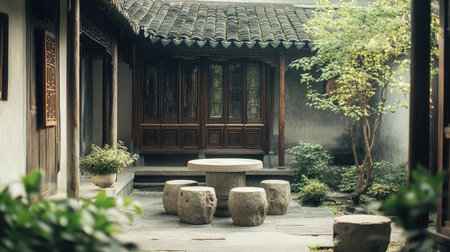 A quiet Chinese courtyard with a stone table and stools. No people, copy space.の素材
