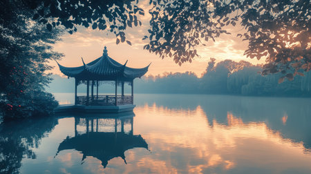 A quiet Chinese pavilion overlooking a tranquil lake at dusk. No people, copy space.の素材
