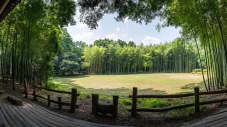 A panoramic view of the Chengdu Panda Base with bamboo groves. No people, copy space.の素材