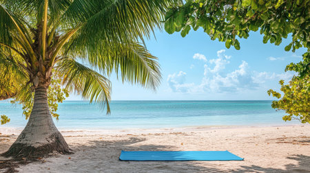 A serene beach scene with yoga mat laid out under a palm tree, perfect for text overlay. No people.の素材