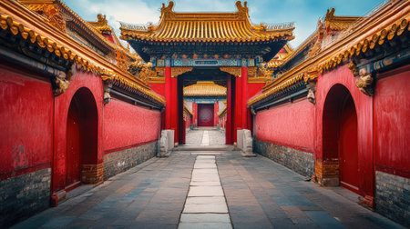 A quiet Chinese monastery with red walls and golden roofs. No people, copy space.の素材