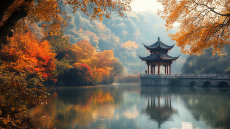 A serene view of a Chinese pagoda by a river surrounded by autumn trees. No people, copy space.の素材