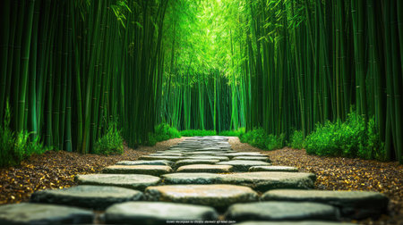 A quiet bamboo grove with a stone path leading into the distance. No people, copy space.の素材