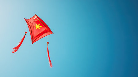 A traditional Chinese kite flying against a clear blue sky. No people, copy space.の素材