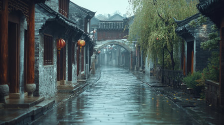 A quiet street in a Chinese water town with stone bridges and canals. No people, copy space.の素材