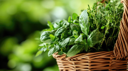 A close-up of fresh herbs in a basket, with ample space for text on the side. No people.の素材
