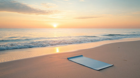 A calm beach at sunrise, with a yoga mat laid out on the sand and space for text.の素材