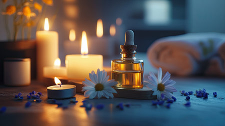 A close-up of essential oils and candles on a spa table, with space for text. No people.の素材