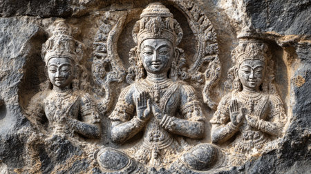 Ancient Hindu rock carvings with space for text on a plain background. History etched in stone.の素材