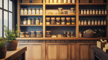 A traditional Chinese herb shop with wooden shelves and jars. No people, copy space.の素材