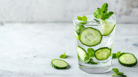 A glass of detox water with cucumber slices and mint, with space for text on a clean surface.の素材