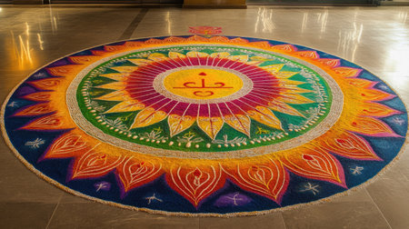 Jain festival rangoli with bright colors and traditional symbols, no people, clear background, ample copy spaceの素材