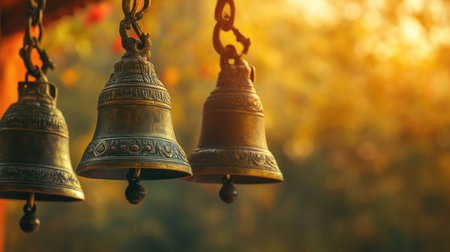 Hindu temple bells hanging in a row with space for text in the background. Call to prayer.の素材