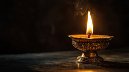 Close-up of a traditional Jain lamp (deepak) with a burning flame, no people, dark background, copy spaceの素材