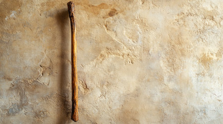 Jain s wooden staff resting against a wall, no people, calm atmosphere, ample space for textの素材