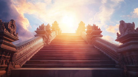 Hindu temple steps with space for text in the sky. Path to enlightenment.の素材