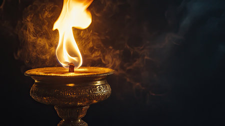 Close-up of a traditional Jain lamp (deepak) with a burning flame, no people, dark background, copy spaceの素材