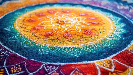 Jain festival rangoli with bright colors and traditional symbols, no people, clear background, ample copy spaceの素材