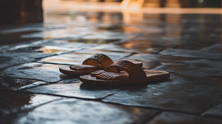 Jain s sandals placed neatly on a stone floor, no people, calm atmosphere, ample copy spaceの素材