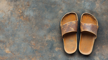 Jain monk simple walking sandals placed neatly, no people, rustic background, space for textの素材